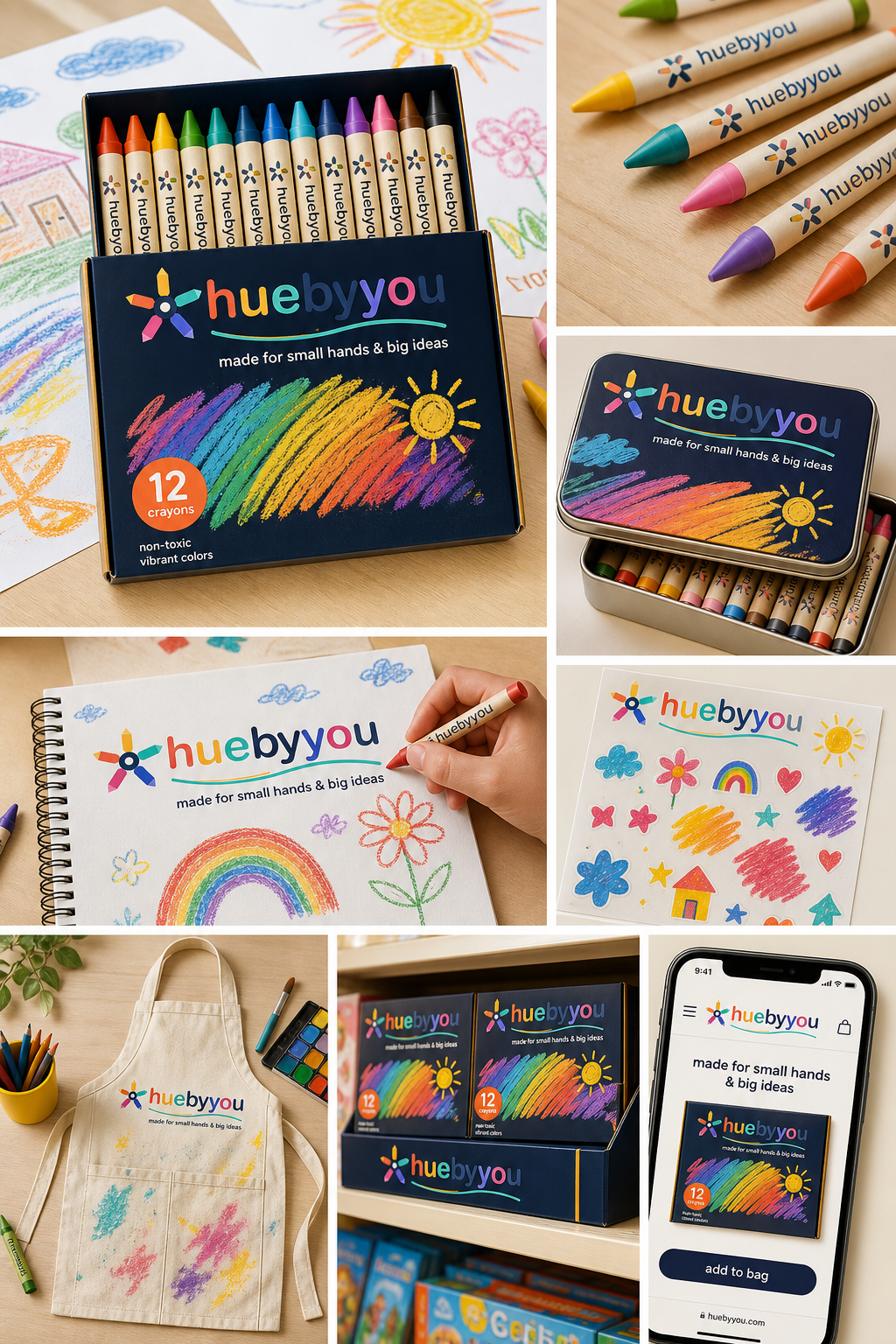 HueByYou brand world with crayons, packaging and creative accessories