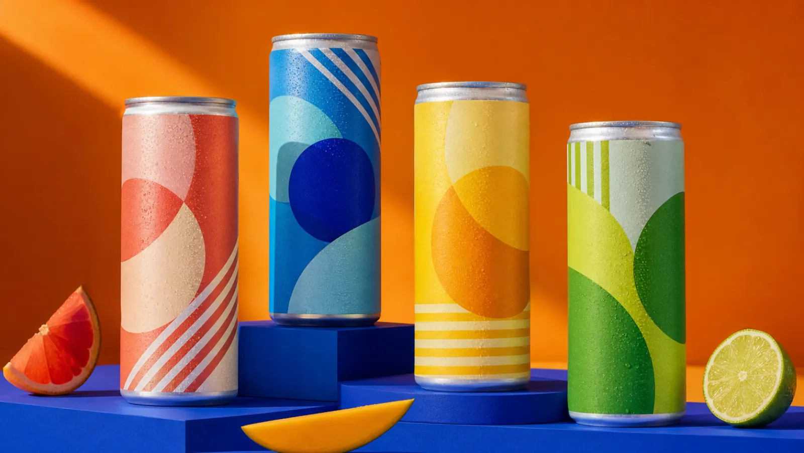 Colourful sparkling fruit drink cans